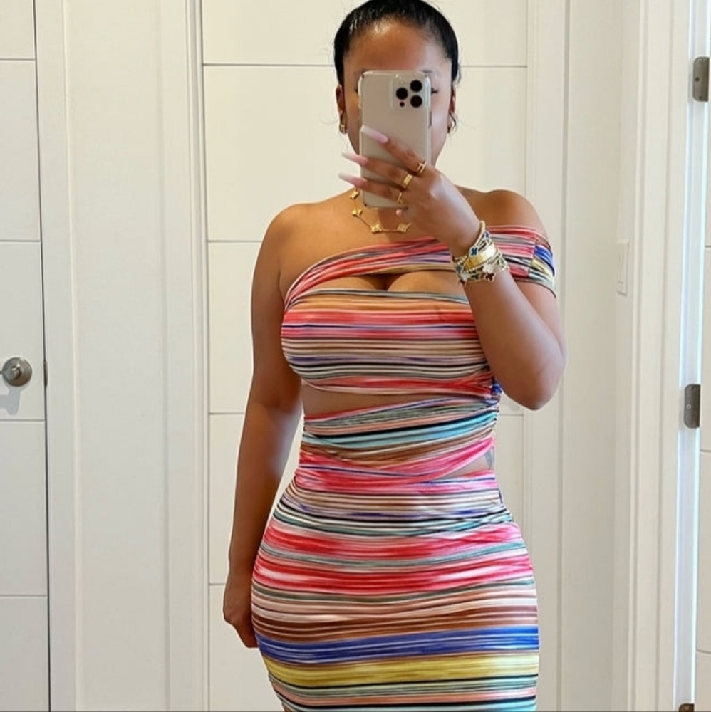 Mina Monroe Multicolored Striped Off-Shoulder Dress